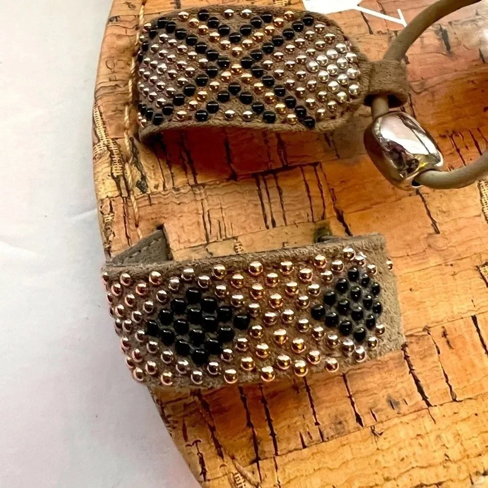 Bronze Beaded Lace Up‎ Gladiator Sandals Boho Festival Strappy Flat Cork Footbed